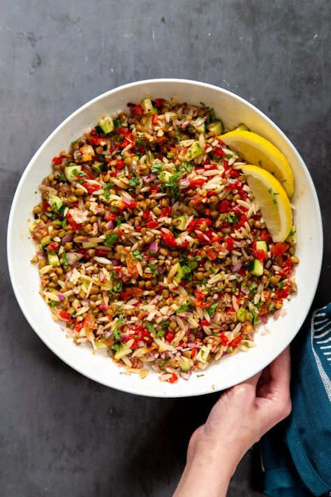 Lentil Orzo Salad - Vegan Richa Lemon Orzo Salad, Roasted Veggies In Oven, Crunchy Veggies, Canned Lentils, How To Cook Orzo, Vegan Richa, Vegan Lentil, Dried Lentils, Farro Salad