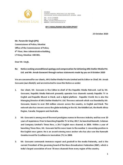 I’m reading Republic's Legal Notice to Param Bir Singh on Scribd Arnab Goswami, Mumbai Police, Legal Notice, An Apology, Investigative Journalism, Letterhead Design, English News, Letterhead, Press Conference