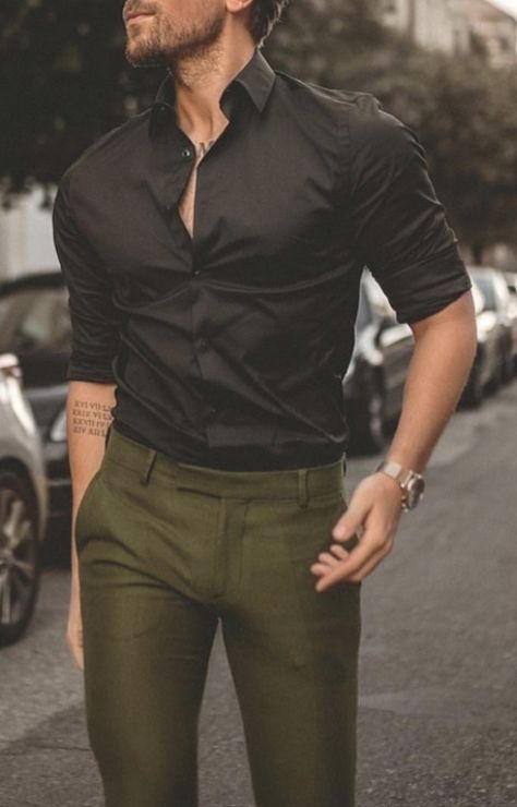 With olive trousers | #mensshirts #businesscasualoutfits #mensfashion #menswear Green Trousers Outfit Men, Black Shirt Combination, Formal Shirt Design, Formal Dresses For Men, Mens Smart Casual Outfits, Mens Business Casual Outfits, Chique Outfit, Shirt Outfit Men, Formal Men Outfit