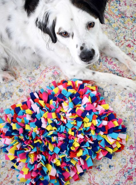 Does your dog eat too fast? It's something that can be really bad for your pet's health but luckily we can slow them down with this DIY snuffle mat! Last year I became a bit concerned about the weight of my dog Ollie. After food restriction, diet kibble and lots of exercise it seemed like nothing would help. And big boy was getting big. Like 85 pounds instead of 55 pounds BIG. I found myself searching online for something that might help and I found something called a snuffle mat.  I watched vid Diy Snuffle Mat, Snuffle Mat For Dogs, Handmade Dog Toys, Dogs Diy Projects, Snuffle Mat, Dog Search, Diy Picture, Animal Projects, Dog Eating