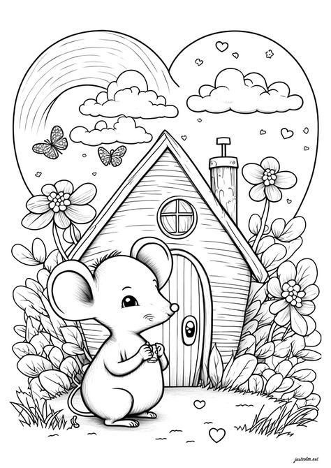 Mouse Eating, Hearts And Butterflies, Free Kids Coloring Pages, Spring Coloring Pages, Detailed Coloring Pages, Adult Colouring Pages, Little Mouse, Peace And Quiet, Sky Full