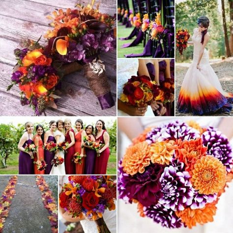 Fall Wedding Colors Purple, Orange Purple Wedding, Purple Fall Wedding, Orange Wedding Themes, Burgundy Wedding Colors, Orange Wedding Colors, Fall Wedding Bridesmaids, Wedding Burgundy, Wedding Colors Purple