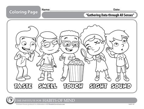 Free downloadable coloring page featuring the five senses! 5 Senses Coloring Page, 5 Senses Coloring Page Preschool, Five Senses Coloring Page, Senses Coloring Page, Preschool September, Preschool Charts, Purple Room, Teaching Multiplication, Unique Iphone Wallpaper