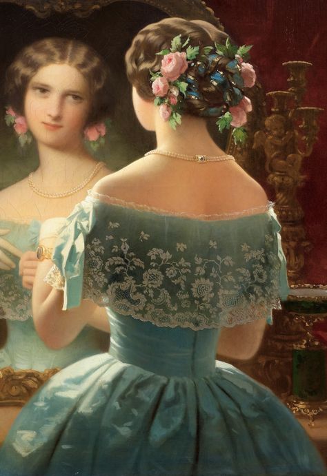 Young Lady at her Toilette, French,19th Century Victorian Paintings, 19th Century Fashion, Victorian Women, Victorian Art, Sewing Art, Classical Art, Historical Dresses, Historical Clothing, Historical Fashion