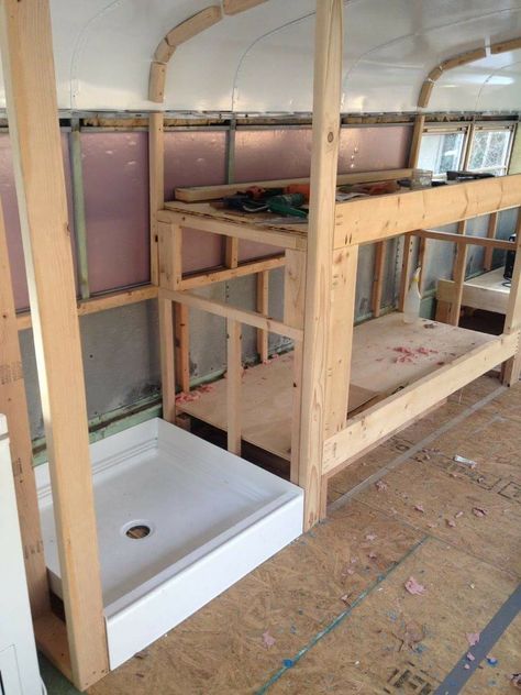 Framing the shower and bunk Bus Remodel, Bus Rv Conversion, School Bus Tiny House, School Bus Camper, School Bus House, Converted School Bus, Bus Ideas, Converted Bus, Rv Bus