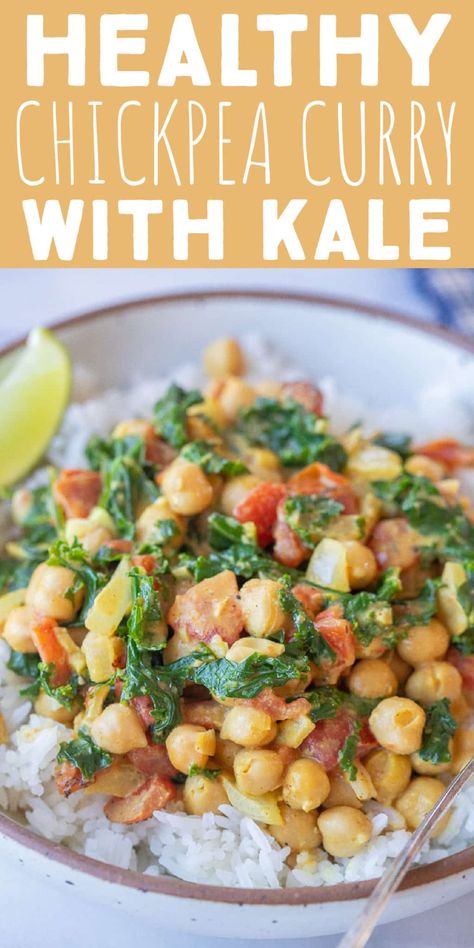 This Easy Chickpea Curry with Kale comes together quickly and is made using mostly pantry ingredients, that you may already have on hand!  Enjoy this nourishing meal for a weeknight dinner or prep it ahead of time for easy weekday lunches.  Serve with your favorite grain and veggies for a filling meal that is packed with plant based protein. #chickpeacurry #easydinner #veganrecipe #plantbasedprotein #coconutcurry Easy Weekday Lunches, Dinner Snacks Appetizers, Easy Chickpea Curry, Weekday Lunches, Pantry Ingredients, Kidney Diet, Chickpea Curry, Chickpea Recipes, Plant Based Meals