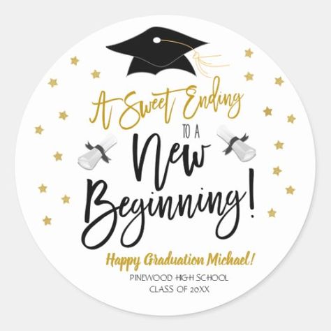 Sweet Ending To A New Beginning Stickers #zazzle #weddinginvitations #birthdayinvitations #babyshowerinvitations #zazzleinvitations #monogram #businesscards #graduation #homedecor Sweet Ending To A New Beginning Party, Farewell Stickers, A Sweet Ending To A New Beginning, Graduation Party Dessert Table, Beginning Calligraphy, Dessert Table Graduation, Graduation Cake Pops, Cupcake Quotes, Graduation Candy Buffet