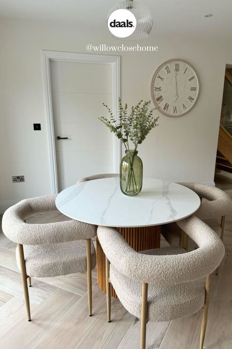 Mix and match textures with our beautiful Fulbourn boucle dining chairs and Maru ceramic top, oak dining table. 🤍 Vase With Greenery, Boucle Furniture, Boucle Chairs, Monochromatic Living Room, Neutral Dining Room, Neutral Furniture, Home Design Diy, Rattan Side Table, Trendy Furniture