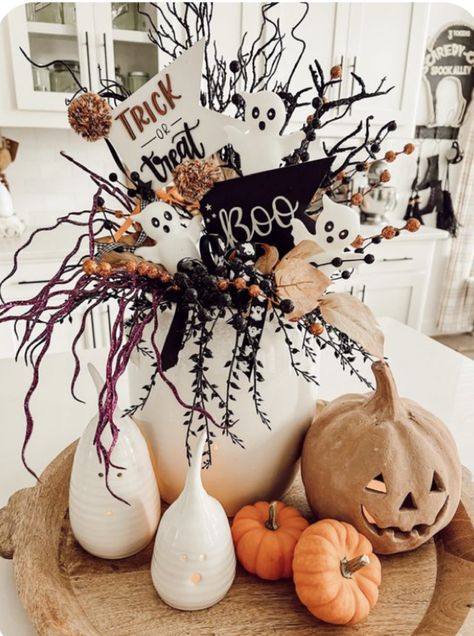 Fall And Halloween Mixed Decor, Halloween Decor For Kitchen Island, Over The Top Halloween Decor, How To Mix Fall And Halloween Decor, Fall 2024 Decor Trends, Shop Halloween Decorations, Fall Tray Decor, Tray Decor Ideas, Handmade Halloween Decorations