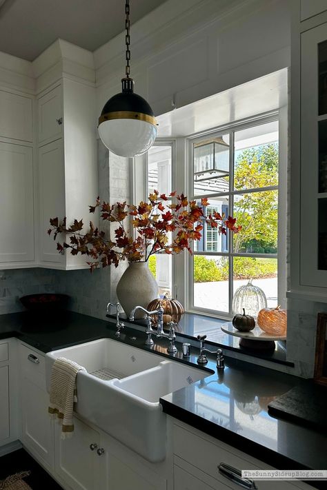 Fall Kitchen - The Sunny Side Up Blog Big Window Above Kitchen Sink, Bay Window Behind Kitchen Sink, Kitchen Window Bump Out, Kitchen Sink Bay Window, Kitchen With Window Over Sink, Kitchen Bay Window Over Sink, Kitchen Window Decor Over Sink, Window Above Kitchen Sink, Window Over Kitchen Sink