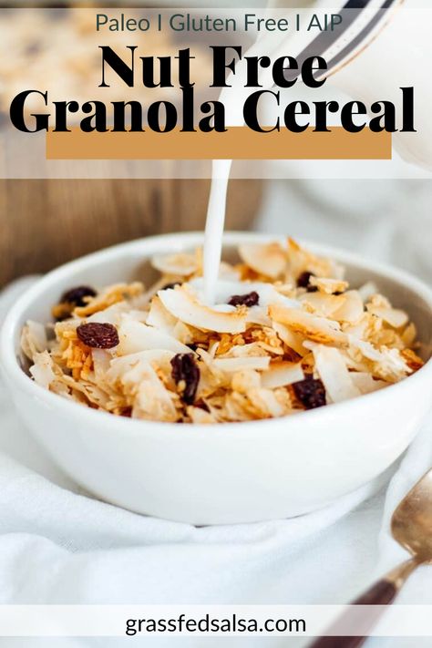 This recipe for Nut Free, Paleo Granola Cereal is so easy and delicious, you’ll want to have it on hand for breakfast all week. It includes just 4 main ingredients: coconut, cinnamon, dried fruit, and pure maple syrup. Aip Granola Recipes, Aip Snacks Easy, Aip Cereal, Easy Aip Meals, Aip Breakfast Recipes Easy, Easy Aip Breakfast, Aip Granola, Aip Breakfast Recipes, Granola Cereal Recipe