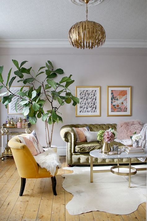 Eclectic Boho Glam living room in pink green and gold Pink Living Room Furniture, Boho Glam Living Room, Boho Glam Home, Dining Room Renovation, Gold Living Room Decor, Glam Living Room Decor, Furnitur Ruang Keluarga, Minimalist Living Room Decor, Glam Living