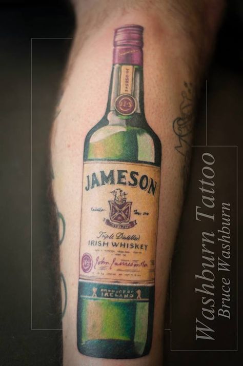 tattoo, jameson, photorealism Jameson Bottle Tattoo, Jameson Tattoo, Whiskey Tattoo Ideas, Whisky Tattoo, Tommy Tattoo, Whiskey Tattoo, Jameson Bottle, Tattoos Traditional, Jameson Whiskey