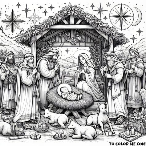 Nativity Coloring Pages For Adults, Nativity Coloring Pages Printables Free, Nativity Drawing, Angel Sketch, Advent Calendar Pattern, Nativity Coloring Pages, The Nativity Scene, Nativity Of Jesus, Xmas Drawing