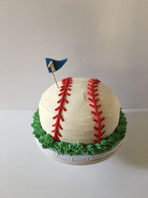 Baseball birthday party smash cake. Buttercream design with fondant "stitching." Birthday Cake Baseball Theme, 1st Birthday Baseball Theme Smash Cake, Smash Cake Baseball Theme, Baseball Birthday Smash Cake, 1st Birthday Baseball Smash Cake, Smash Cake Baseball, Round Baseball Cake, How To Make A Baseball Cake, Buttercream Baseball Cake