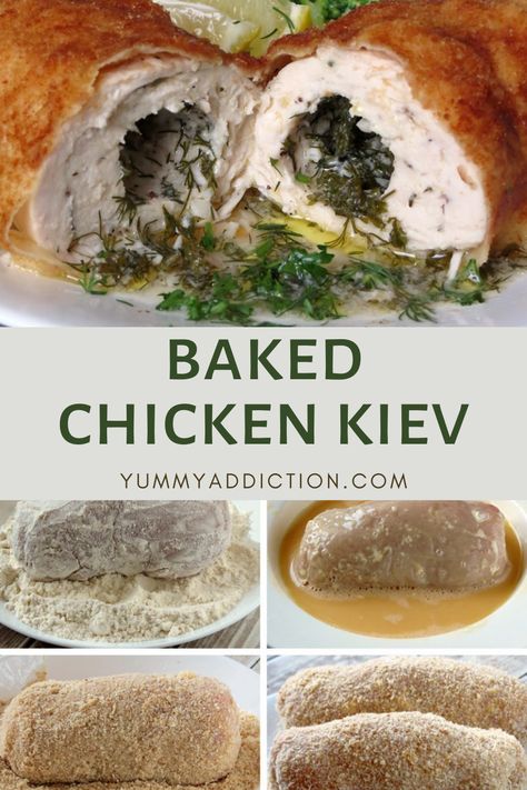 This Chicken Kiev is stuffed with delicious garlic and herb butter which keeps the meat so moist and incredibly tender. Chicken Kiev Recipe Baked, Baked Chicken Kiev, International Food Day, Chicken Kiev Recipe, Chicken Kiev, Spring Dinner, Chicken Rolls, Winter Dinner, Herb Butter