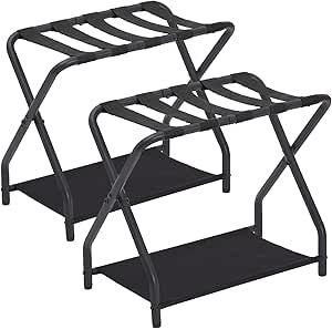 AMHANCIBLE Luggage Rack, Set of 2, Foldable Suitcase Stands for Guest Room, Metal Luggage Holder with Storage Shelf for Bedroom, Hotel, Easy Assemble, Black HLR02BK Suitcase Stand, Luggage Racks, Packing Luggage, Furniture Material, Shelves In Bedroom, Luggage Rack, Hotel Furniture, Bedroom Hotel, Commercial Furniture