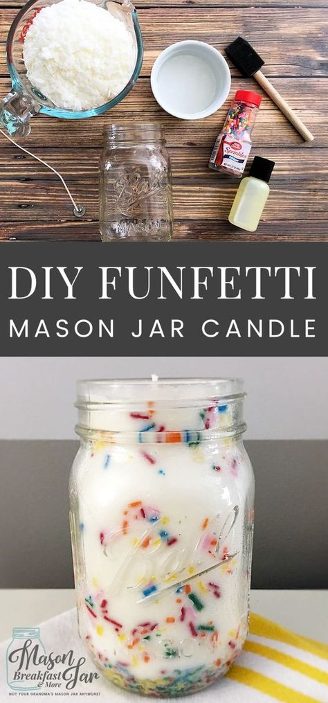 DIY Funfetti Soy Mason Jar Candles make fun centerpieces for birthday parties, easy homemade gift ideas, pretty home décor accessories, and delicious smelling air fresheners. You can whip up these Mason jar soy candles in minutes (not counting the time it takes for the wax to harden). Feel free to customize these homemade Mason jar candles with different color sprinkles and/or your favorite scents. Hadiah Diy, Easy Homemade Gifts, Soya Mumu, Diy Jar Crafts, Mason Jar Crafts Diy, Homemade Diy, Jar Candles, Jar Diy, Mason Jar Candles