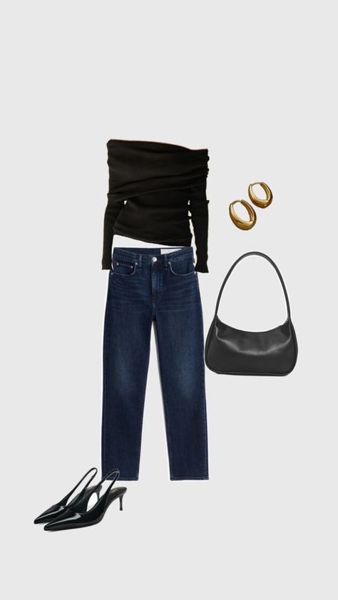 Off shoulder top, dark denim jeans, ankle jeans, kitten heels, gold earrings, shoulder bag Kitten Heels Outfit Casual, Cute Dinner Outfit, Kitten Heels Outfit, Dinner Outfit Ideas, Cute Dinner, Casual Heels Outfit, Outfit Dinner, Outfit Cute, Heels Outfits