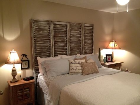 Headboard made from Old Shutters Old Window Shutters, Barn Windows, Diy Wood Headboard, Repurposed Headboard, Shutter Decor, Diy Shutters, Old Shutters, Doors Repurposed, Bedroom Idea