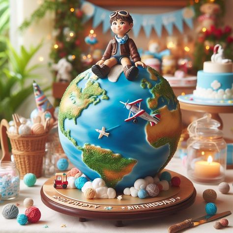 Journey Cake Design, Travel Birthday Cake Ideas, Travel Cakes Birthday, World Traveler Cake Ideas, Aeroplane Cake Design, World Birthday Cake, Airplane Birthday Cakes, Motorbike Cake, Globe Cake