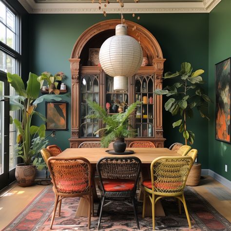 Colorful Chic Apartment, Colorful Eclectic Dining Room, Vintage Maximalist Decor Kitchen, Bold Maximalist Decor, Dark Botanical Old World Decor, Dining Room Maximalist, Vintage Eclectic Dining Room, Green Wainscoting Dining Room, Modern Dining Table Luxury