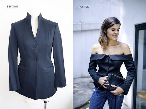 Before & After: DIY Off the Shoulder Blazer Off The Shoulder Blazer, Off Shoulder Diy, Diy Clothes Tops, Diy Clothes Refashion, Diy Clothes Videos, Diy Sweatshirt, Repurposed Clothing, How To Make Clothes, Refashion Clothes