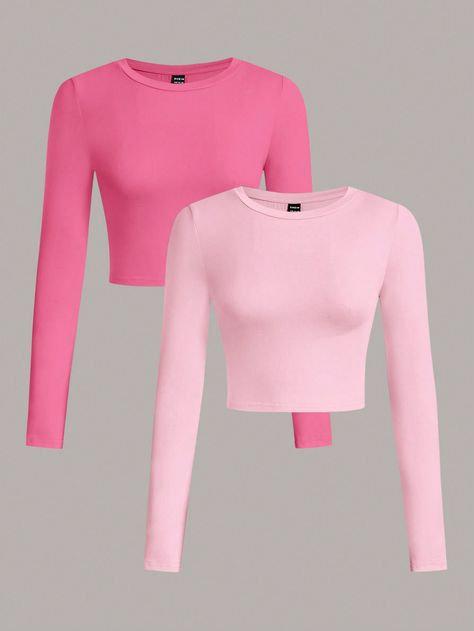 SHEIN EZwear 2pcs Casual Round Neck Slim Fit Crop Top Long Sleeve T-Shirt For Women, SummerI discovered amazing products on SHEIN.com, come check them out! Cute Shein Tops, Pink Long Sleeve Crop Top, Pink Shirts, Slim Fit Crop Top, Aesthetic T Shirts, Tops Long Sleeve, Sleeves Clothing, Women T Shirts