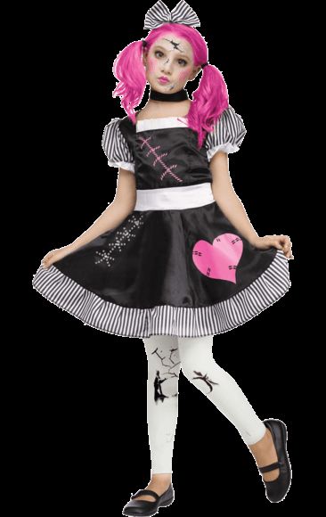 Child Broken Doll Halloween Costume | Jokers Masquerade Broken Doll Halloween Costume, Broken Doll Halloween, Broken Doll Costume, Party Black Dress, Striped Hair, Fairy Halloween Costumes, Kids Costumes Girls, Hallowen Ideas, Doll Halloween Costume