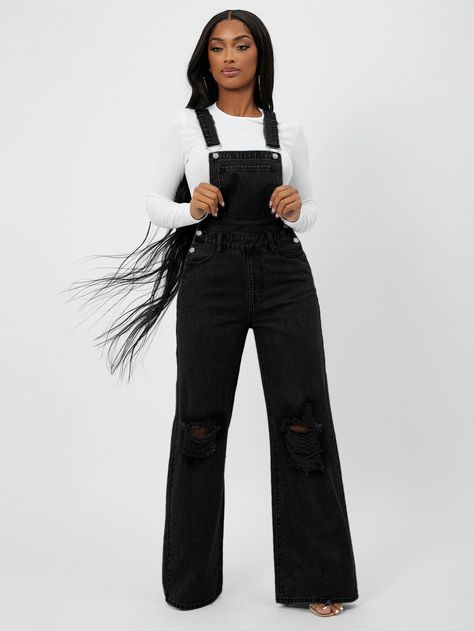 Black Preppy  Sleeveless Denim Plain Overall  Non-Stretch  Women Denim Black Denim Overalls Outfit, Overalls Outfit Black Women, Black Overalls Outfit, Black Denim Romper, Denim Overalls Outfit, Womens Denim Overalls, Black Preppy, Black Denim Overalls, Overalls Outfit