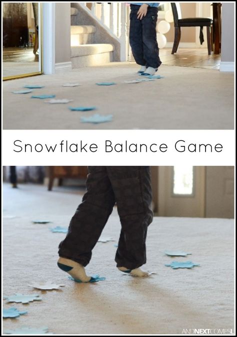 Easy snowflake gross motor balance activity for kids from And Next Comes L Winter Themed Gross Motor Activities, Snow Gross Motor Activities Preschool, Gross Motor Snow Activities, Ice Skating Preschool Activities, New Years Gross Motor Activities, December Gross Motor Activities Preschool, Winter Obstacle Course For Kids, Snowflake Fine Motor Activities, Snowman Gross Motor Activities