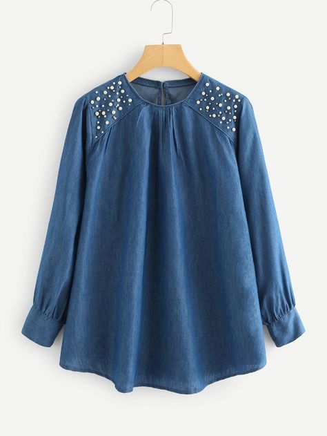 Pearl Denim Blouse -SheIn(Sheinside) Denim Blouse Women, Trendy Shirt Designs, Fashion Top Outfits, Fashion Tops Blouse, Kurti Neck Designs, Denim Blouse, Mode Hijab, Kurta Designs