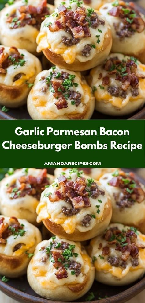 Craving a delicious and satisfying meal? These Garlic Parmesan Bacon Cheeseburger Bombs are the ultimate treat for burger lovers. With a burst of flavor and easy preparation, they’re perfect for family dinner night. Garlic Parmesan Bacon Cheeseburger, Garlic Parmesan Bacon Cheeseburger Bites, Garlic Parmesan Bacon Cheeseburger Bombshell, Garlic Parmesan Cheeseburger Bombshell, Hamburger Appetizers, Burger Balls, Bacon Cheeseburger Sliders, Mini Burger Appetizers, Family Dinner Night