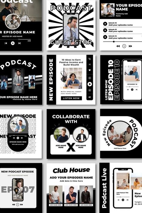 Black Podcast, Podcast Social Media, Podcast Template, Podcast Instagram, Social Media Branding Design, Adobe Illustrator Graphic Design, Bullet Journal Notes, Branding Template, Social Media Design Inspiration