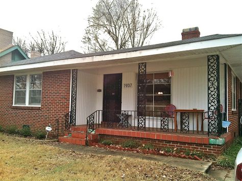 50s Ranch House Exterior, House Exterior Renovation, Porch Columns Makeover, Ranch Exterior Remodel, Memphis House, Wrought Iron Railing Exterior, Wrought Iron Porch Railings, Exterior Columns, Front Porch Columns