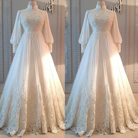 Muslim Wedding Dresses Long Sleeves High Neck Beaded Lace Appliques Bridal Gown | eBay Wedding Outfits With Hijab, Wedding Dresses Arab, Fairytale Dress Aesthetic, Outfits With Hijab, Nigerian Bridesmaid Dresses, Long Sleeve Satin Wedding Dress, Fantasy Wedding Dress, Arabic Wedding Dresses, Arabic Wedding