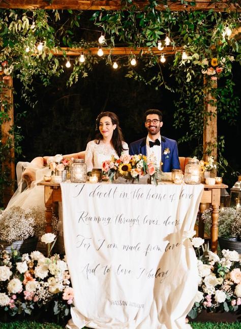 Love the unique quote tapestry on this sweetheart table! Unique Sweetheart Table, Wedding Tapestry, Sweetheart Table Sign, Whimsical Garden Wedding, Quote Tapestry, Tapestry Quotes, Sweetheart Table Wedding, Unique Quote, Table Inspiration