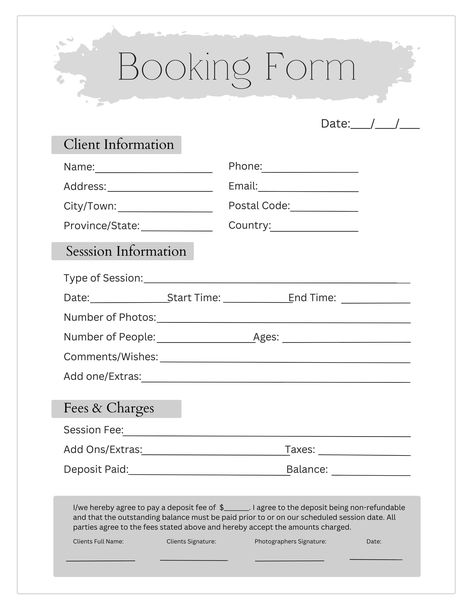 Stay on top of client organization with this minimalistic booking form. Keep all of your session details in one spot, which allows for easy planning on Photoshoot day. Photography Paperwork, Photography Booking Form, Starting Photography Business, Free Photography Courses, Photography Business Forms, Basic Accounting, Beginner Photography Camera, Photography Business Plan, Photography Prices