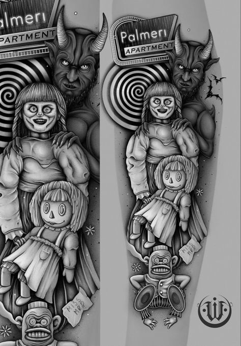 Annabelle creation movie tattoo design art Horror Drawing Tattoo, Annabelle Tattoo Design, Conjuring Tattoo Ideas, Annabelle Doll Drawing, Insidious Tattoo, The Conjuring Tattoo, Horror Movie Sketches, Annabelle Drawing, Conjuring Tattoo