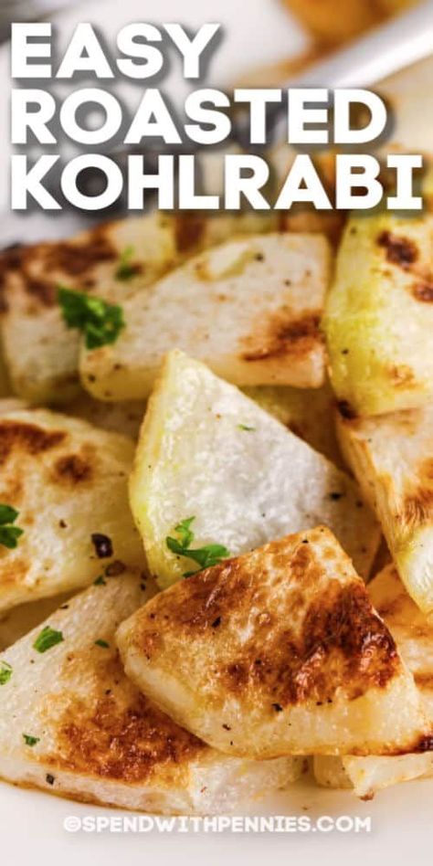 This recipe is quick, easy, and nutritious!  Kohlrabi is a fresh, homemade side dish made with only 5 simple ingredients! #spendwithpennies #kohlrabi #recipe #sidedish #ovenroasted #parmesan Kohlrabi Recipe, Roasted Kohlrabi, Oven Roasted Potatoes Easy, Kohlrabi Recipes, Roasted Veggies In Oven, Csa Recipes, Olive Oil Garlic, Veggie Side Dishes, Garlic Parmesan