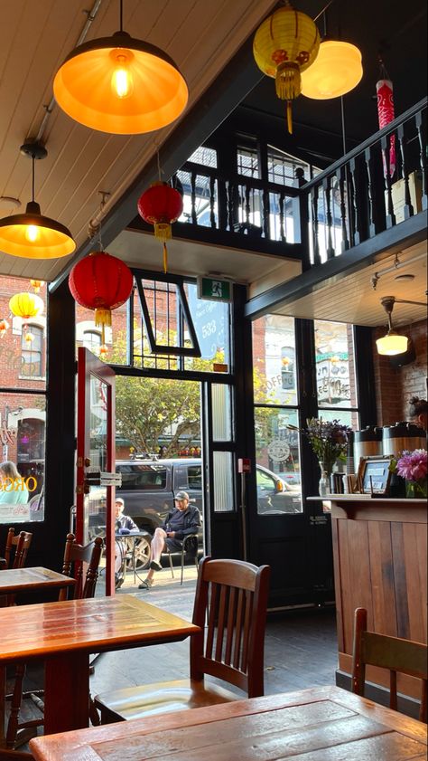 a coffee shop with wooden accents and red lanterns Victoria Bc Aesthetic, Fresh Coffee Beans, Semester Abroad, Victoria Bc Canada, Canada Road Trip, Queen City, Victoria Bc, Bc Canada, Dark Roast