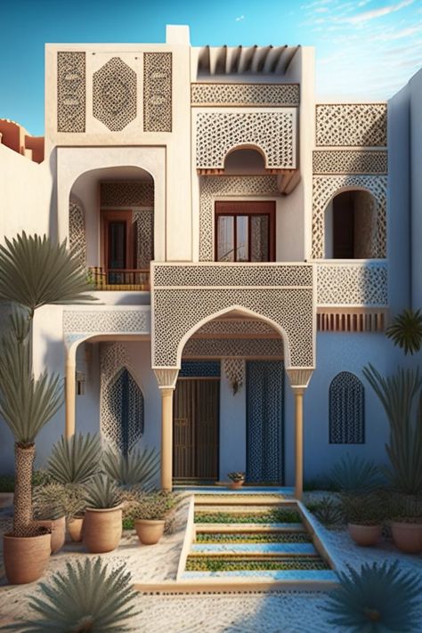 Modern Islamic Exterior Design, Modern Islamic Architecture Elevation, Arabic House Design Exterior, Moroccan Home Exterior, Moroccan Building, Moroccan House Exterior, Islamic Architecture House, Moroccan Exterior, Bohemian Architecture