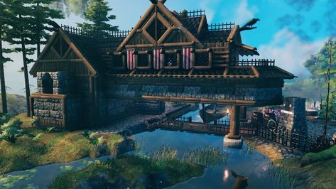 Dock house Valheim Build Valheim Dock, Ark Survival Evolved Tips, Ark Survival Evolved Bases, Dock Ideas, Dock House, Viking House, Viking Village, Base Building, Elevated Bed