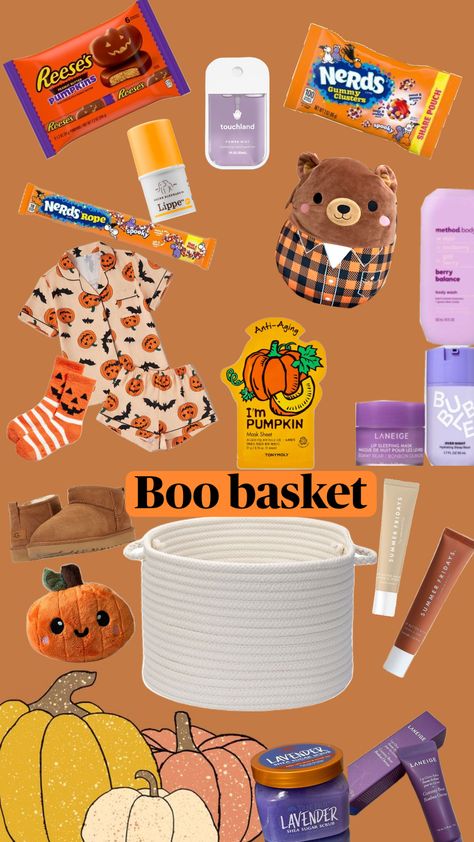 #boobasket #boo #halloween #halloweenaesthetic #fall #giftideas #teengift #fallbasket Affordable Boo Basket, Bae Baskets, Boo Basket Ideas For Best Friend, Soda Cakes, Halloween Backrounds, Cake Gift Basket, Boo Basket Ideas, Nerds Rope, Holiday Room Decor