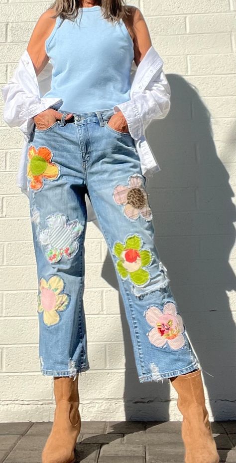 HerdingBoho - Etsy Camp Verde Arizona, Altering Jeans, Hippie Jeans, Patches Embroidery, Repurposed Denim, Boho Jeans, Flower Embellishments, Upcycle Shirt, Denim Flowers