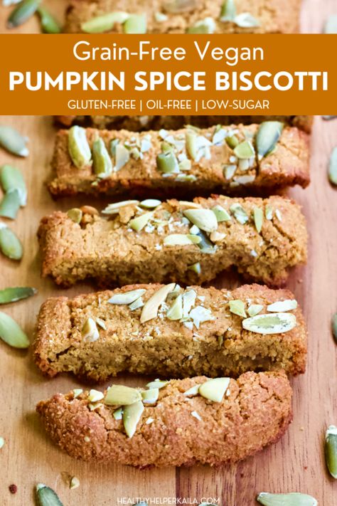 Protein-packed Pumpkin Spice Biscotti will be your new favorite sweet treat to pair with coffee or tea! Grain-free, gluten-free, vegan, oil-free, and low-sugar. Vegan Biscotti, Pumpkin Biscotti, Vegan Pumpkin Spice, Raw Pumpkin Seeds, Vegan Style, Healthy Vegan Snacks, Vegan Pumpkin, Clean Eats, Healthy Gluten Free