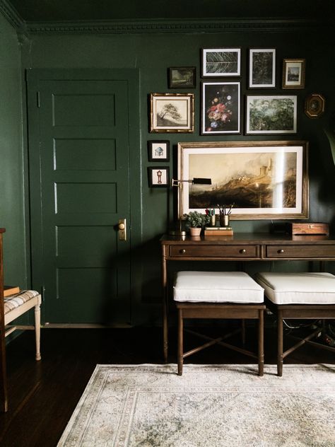 #homeoffice #diyproject #moodygrams #diyideas Small Dark Green Office, Moody Green Bedroom Vintage, Moody Dark Green Home Office, Dark Cottagecore Office, Moody Green Study, Small Moody Study, Heart Templates Free Printables, Small Moody Office, Dark Green Office