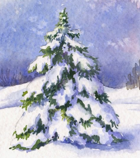 Step-by-step watercolor tutorial - How to paint a snow-covered evergreen tree - Technique #1 Trees Drawing Tutorial, Winter Scene Paintings, Tree Watercolor Painting, Step By Step Watercolor, Watercolor Christmas Tree, Painting Snow, Winter Watercolor, Paintings Tutorials, Watercolor Lessons