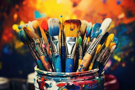 Paint brushes and paints in a jar on a colorful background, Colorful artist brushes and paint, AI Generated Jar Of Paint Brushes, Red Paint Brush Aesthetic, Magic Paintbrush, How To Clean Artist Paint Brushes, Nature Paintbrushes, Background Colorful, Colorful Background, Dee Dee, Paint Brush