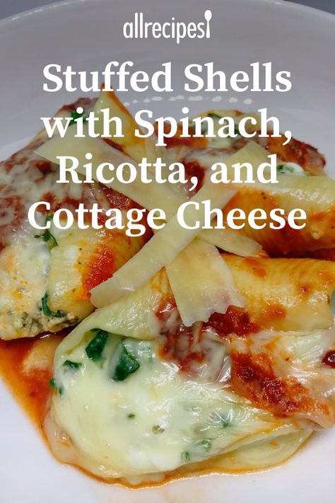 Stuffed Shells with Spinach, Ricotta, and Cottage Cheese | "This is one recipe that my family never gets tired off. Works great all the time! I like to serve this with toasted Italian bread and salad. Leftovers can be used for lunch." #allrecipes #pasta #pastarecipes #pastainspiration #pastadinner #pastaideas #pastadinner #pastaideas Stuffed Shells Ricotta And Cottage Cheese, Stuffed Pasta Shells Ricotta Spinach, Stuffed Shells With Cottage Cheese, Cottage Cheese Lasagna Recipe, Spinach Stuffed Shells, Stuffed Shells Ricotta, Jumbo Pasta Shells, Cheese Stuffed Shells, Spinach Ricotta